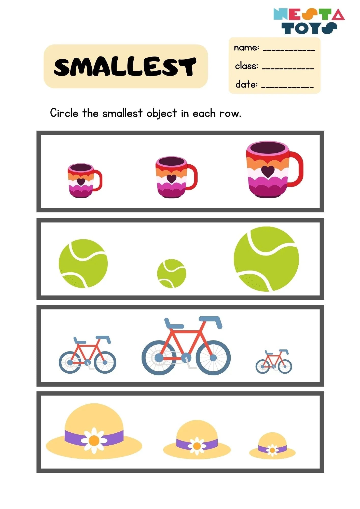 Circle the Smallest Object Worksheet for Kids - NESTA TOYS