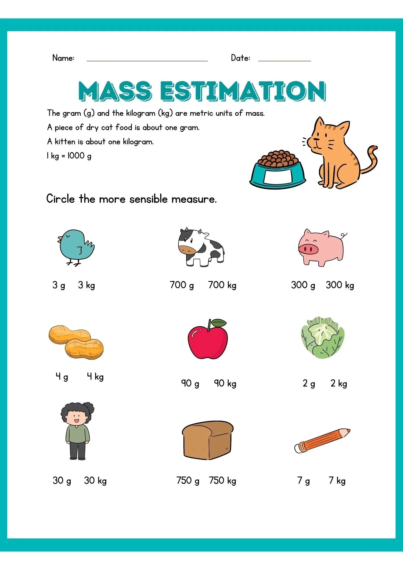 Mass Estimation Activity Sheet: Circle the Sensible Measure - NESTA TOYS
