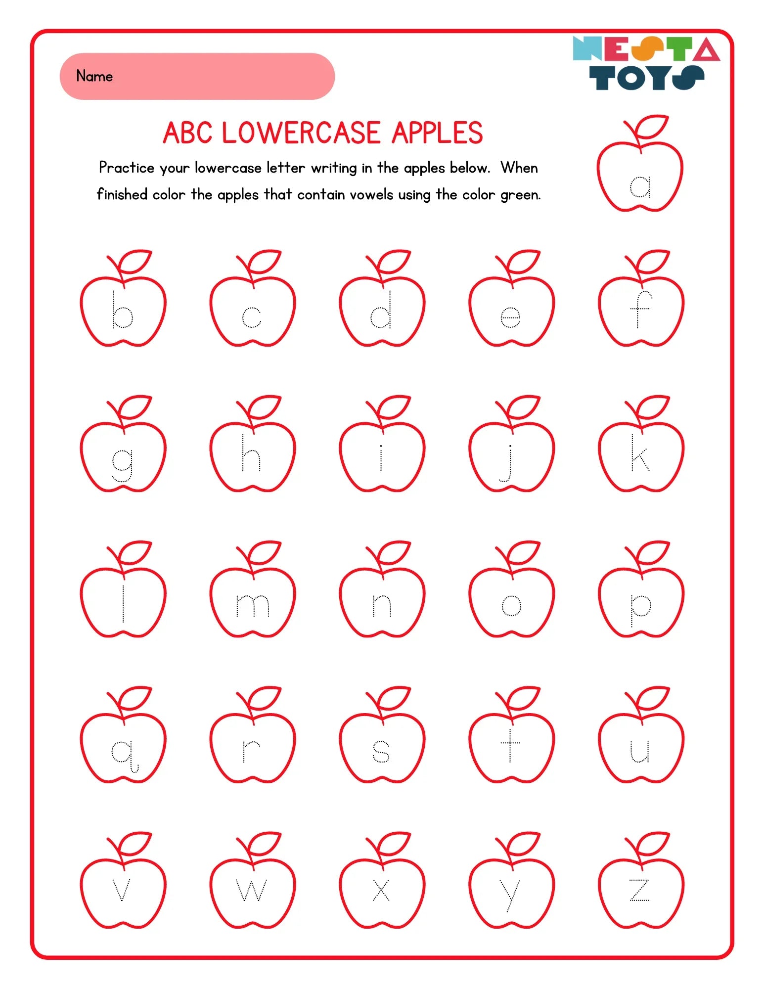 Lowercase Alphabet Tracing Activity Sheet for Kids - nestatoys