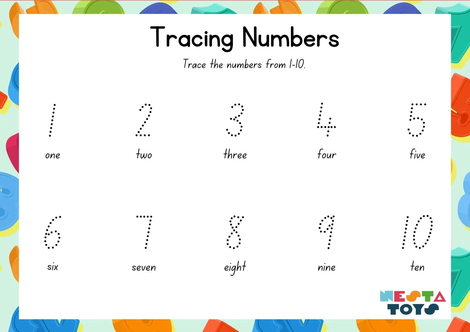 Tracing Numbers Activity Sheet for Toddlers: 1-10 - NESTA TOYS