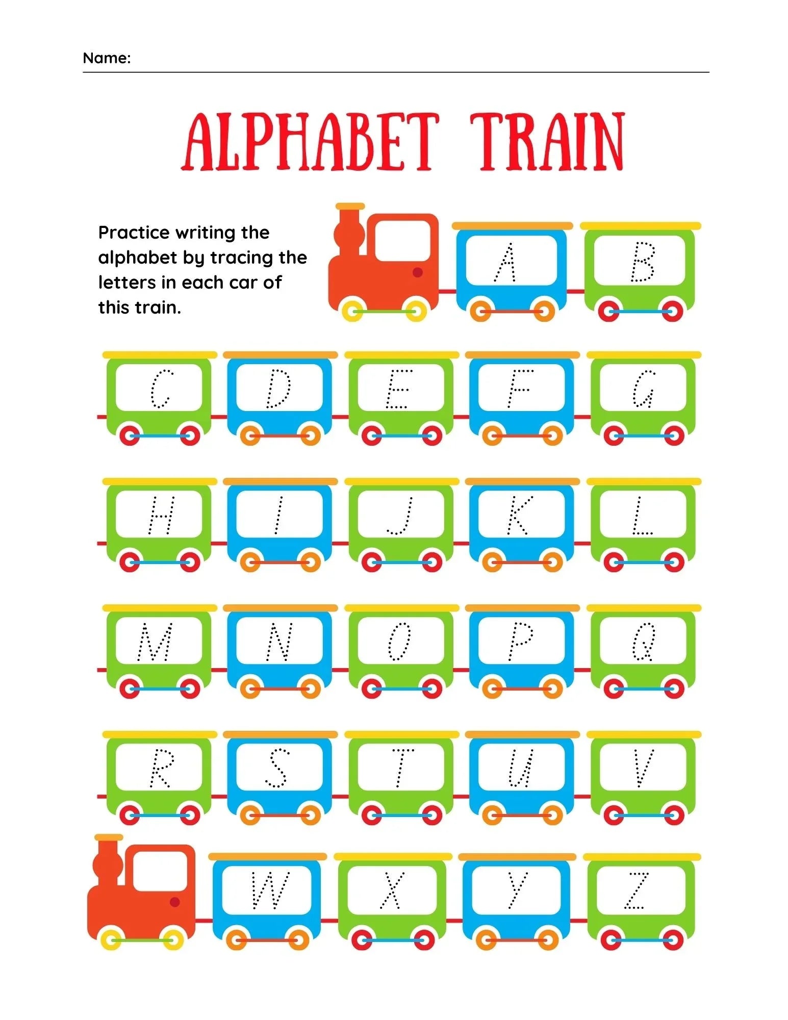 Alphabet Tracing Train Activity Sheet for Kids - nestatoys