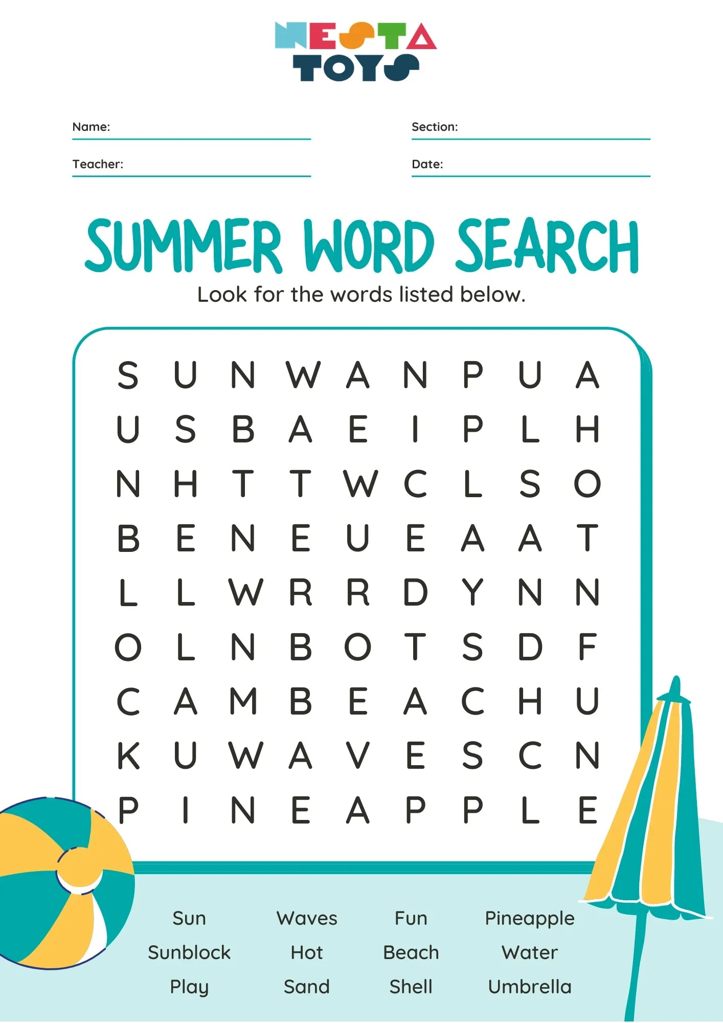 Summer Word Search Activity Sheet - NESTA TOYS