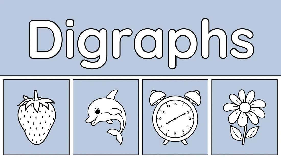 Common digraphs chart with beginning and ending sounds like ch, sh, th, ck, ng, and example words for early readers.