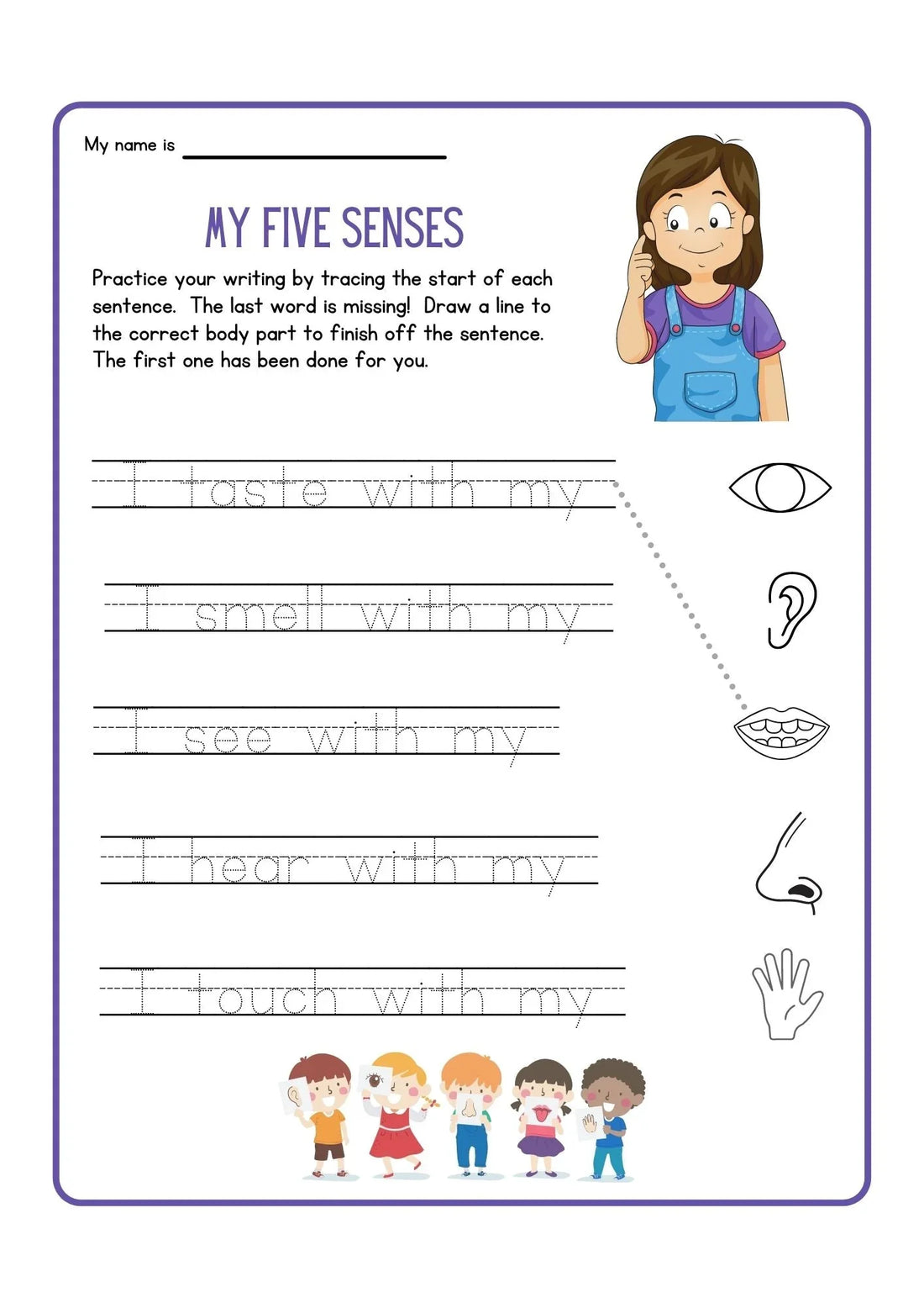 My Five Senses Worksheet for Kids - Fun Writing and Matching Activity - nestatoys