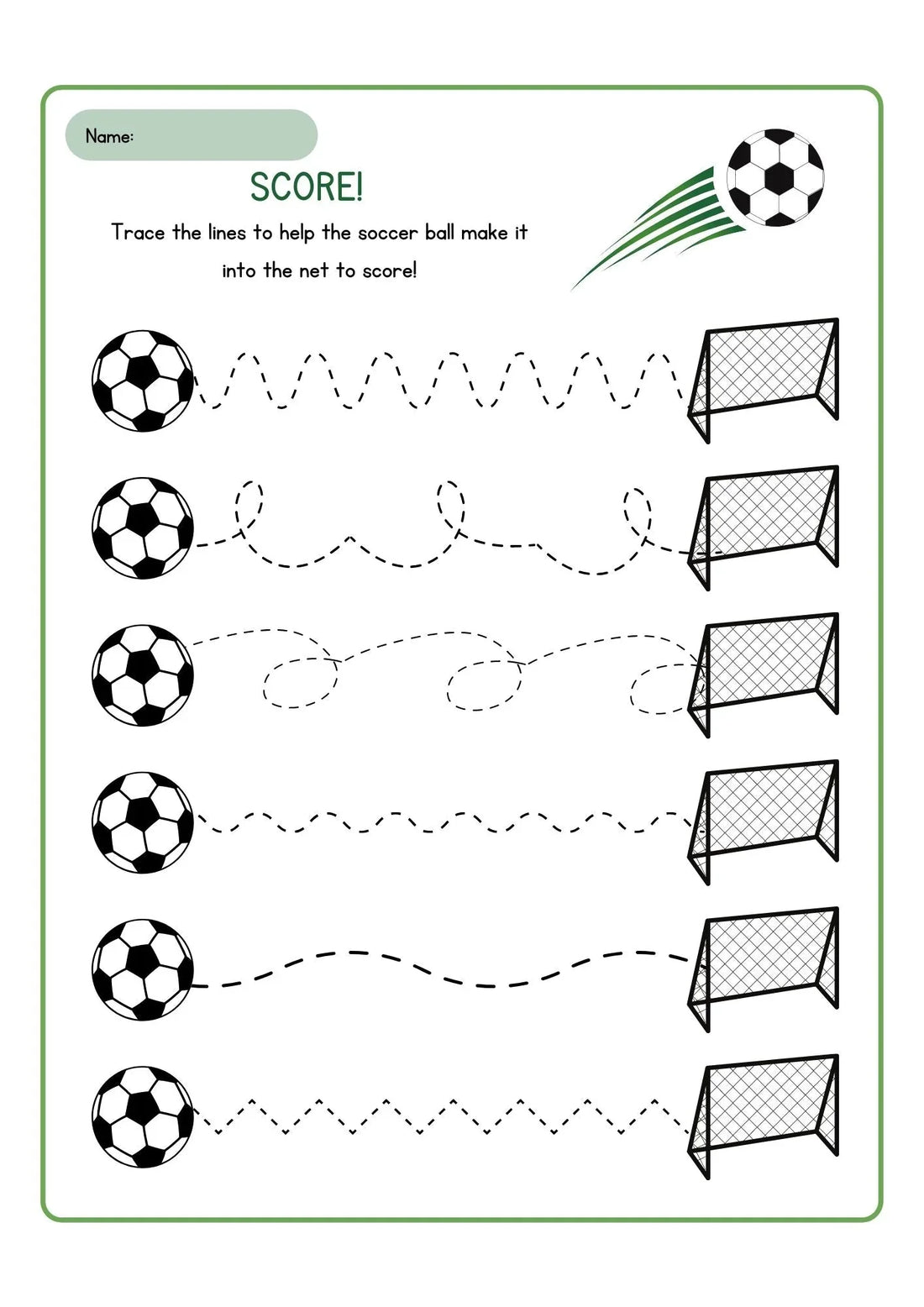 Trace the Lines to Help the Soccer Ball Score Worksheet - nestatoys