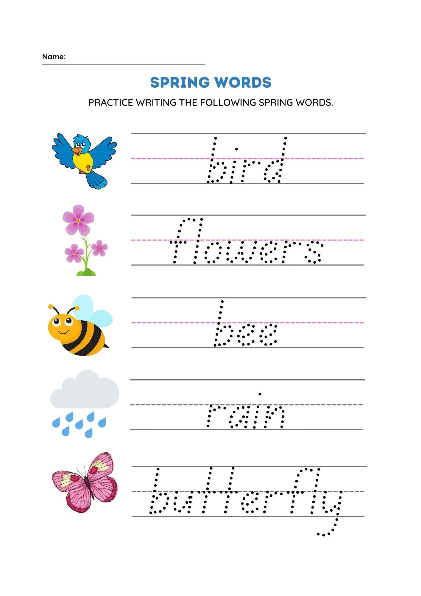 Spring Words Tracing Worksheet for Kids - Fun Handwriting Practice - nestatoys