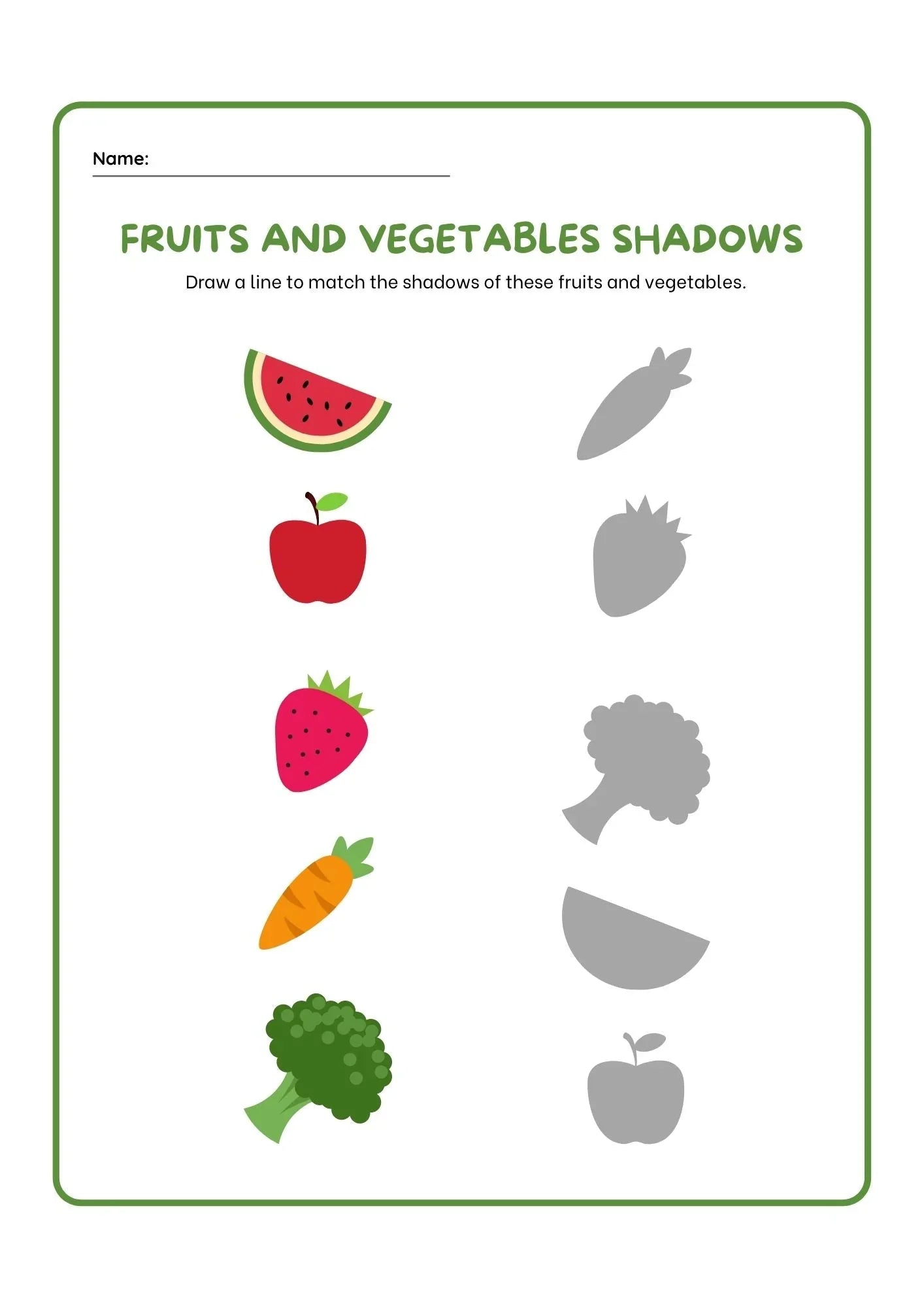 Fruits and Vegetables - Match The Shadows Activity Sheet - nestatoys