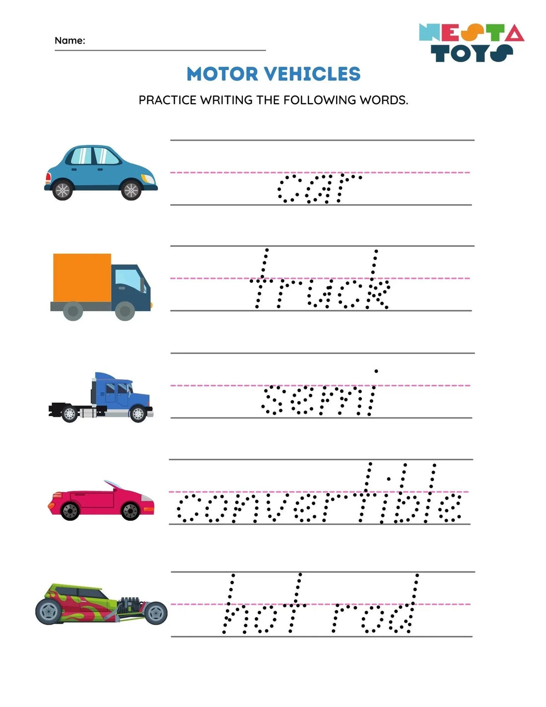 Vehicle Spelling - Trace The Alphabets Activity Sheet - nestatoys