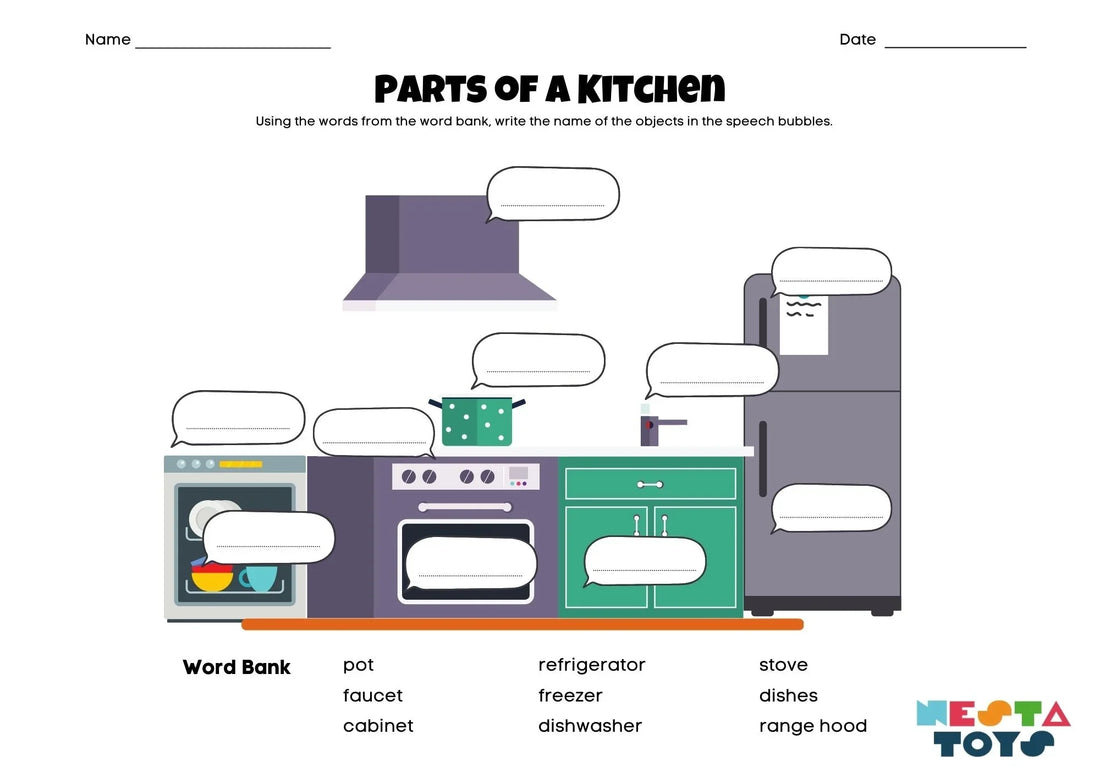 Identify the Parts of a Kitchen Activity Sheet for Kids - nestatoys
