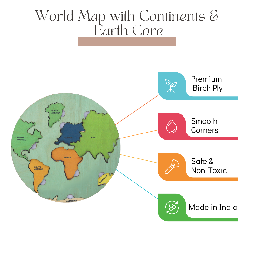 NESTA TOYS - World Map with Continents & Earth Core | Geography Puzzles for Kids | Montessori Wooden Puzzle - nestatoys