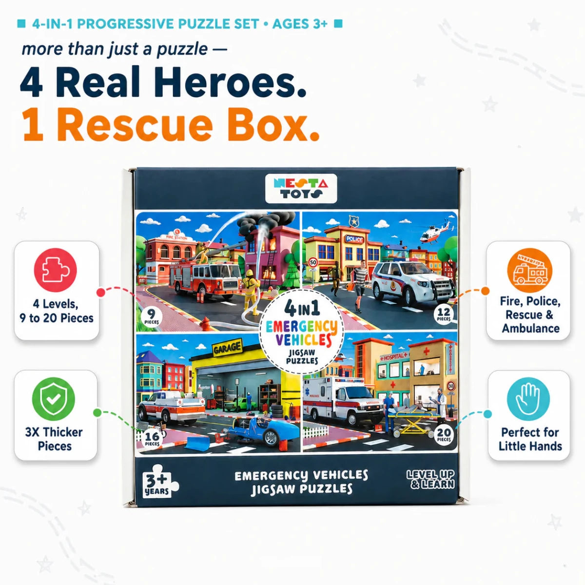 4 in 1 Jigsaw Puzzle - Emergency Vehicles (9 Pcs - 20 Pcs) - NESTA TOYS