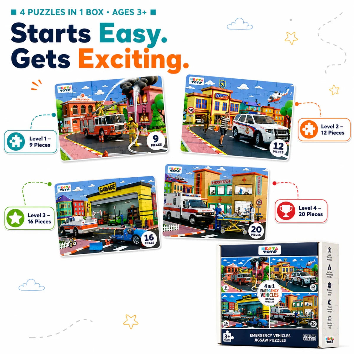 4 in 1 Jigsaw Puzzle - Emergency Vehicles (9 Pcs - 20 Pcs) - NESTA TOYS