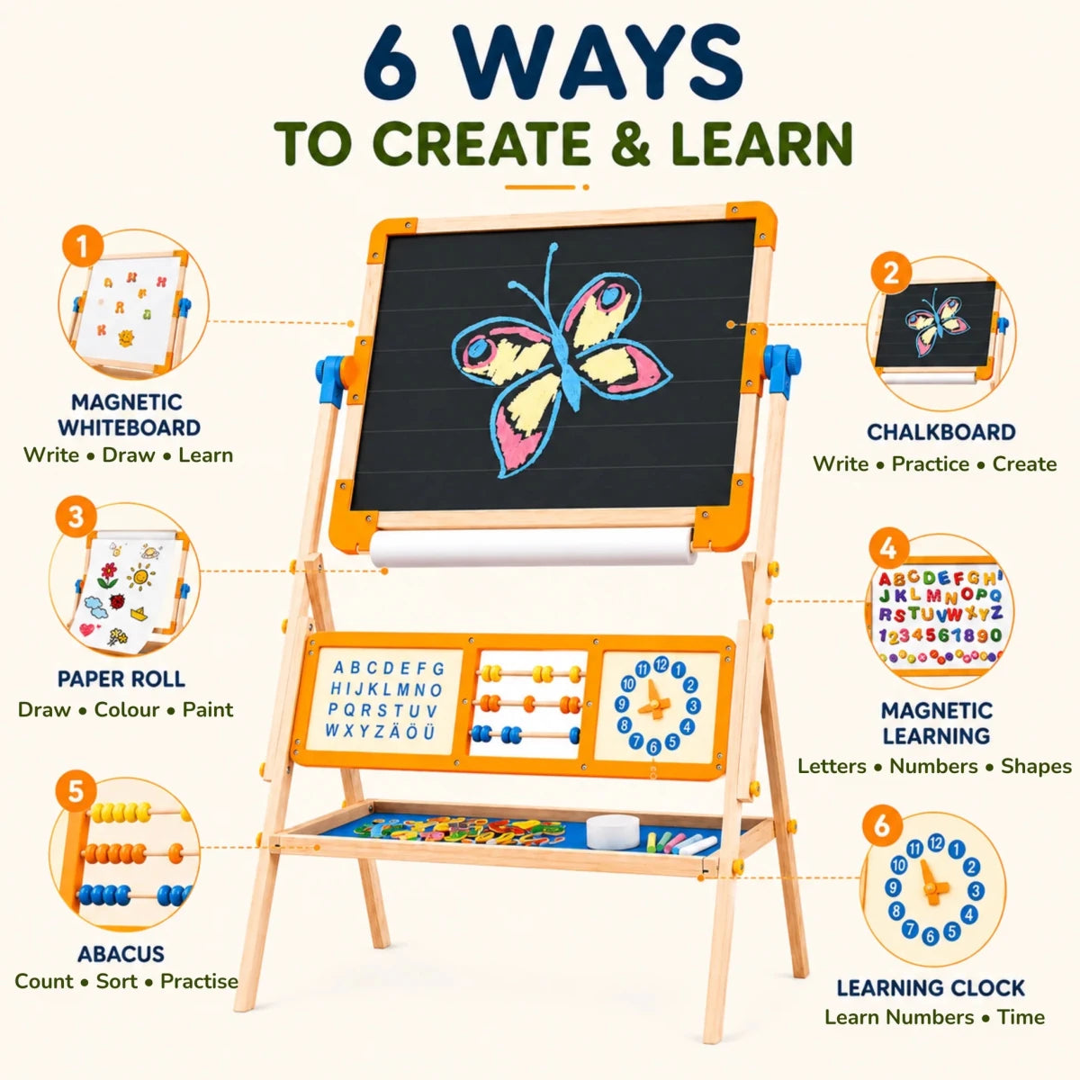 6-in-1 Wooden Tabletop Easel for Kids | Magnetic Whiteboard, Chalkboard, Paper Roll, Abacus & Learning Clock - NESTA TOYS