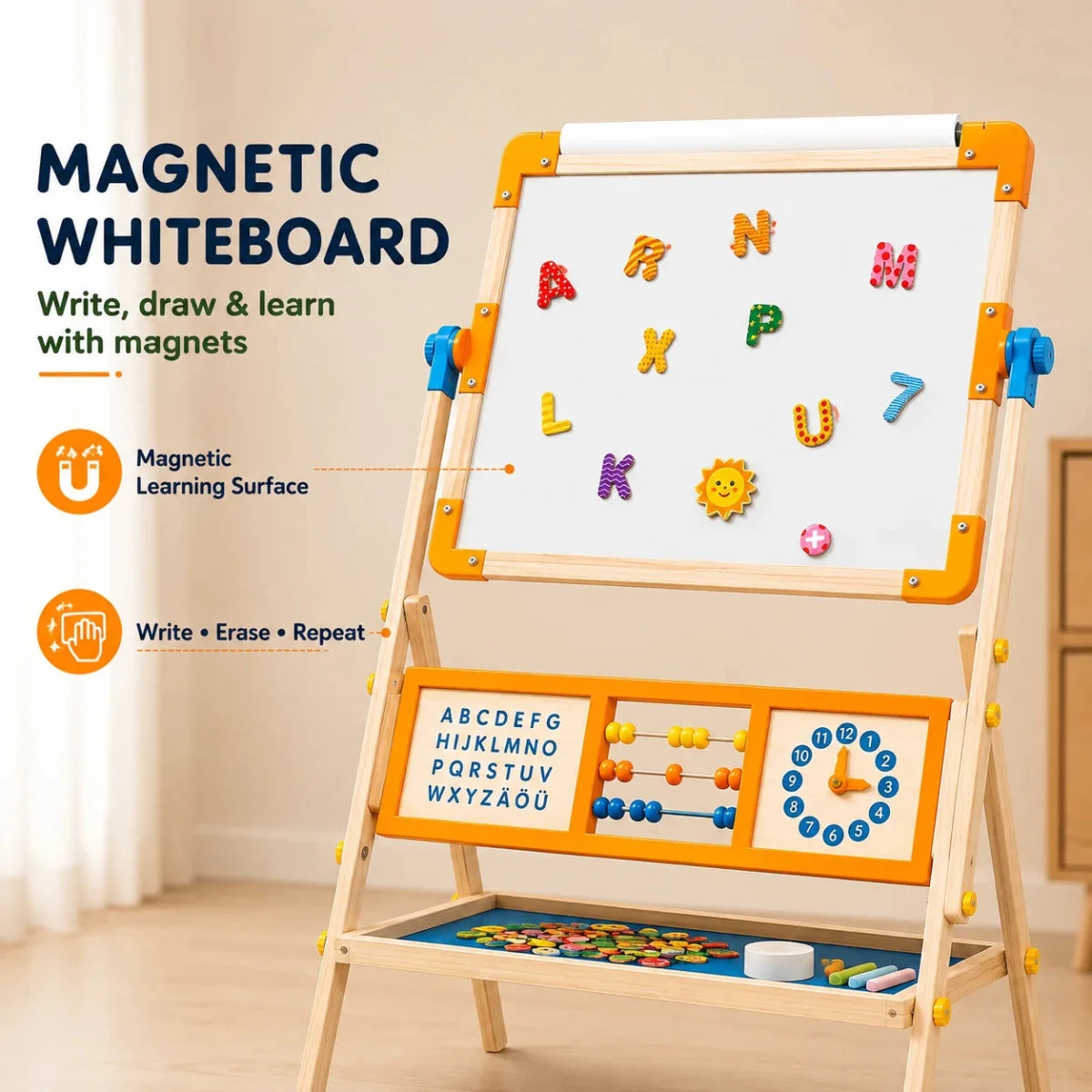 6-in-1 Wooden Tabletop Easel for Kids | Magnetic Whiteboard, Chalkboard, Paper Roll, Abacus & Learning Clock - NESTA TOYS