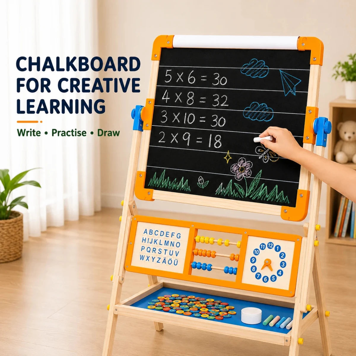 6-in-1 Wooden Tabletop Easel for Kids | Magnetic Whiteboard, Chalkboard, Paper Roll, Abacus & Learning Clock - NESTA TOYS