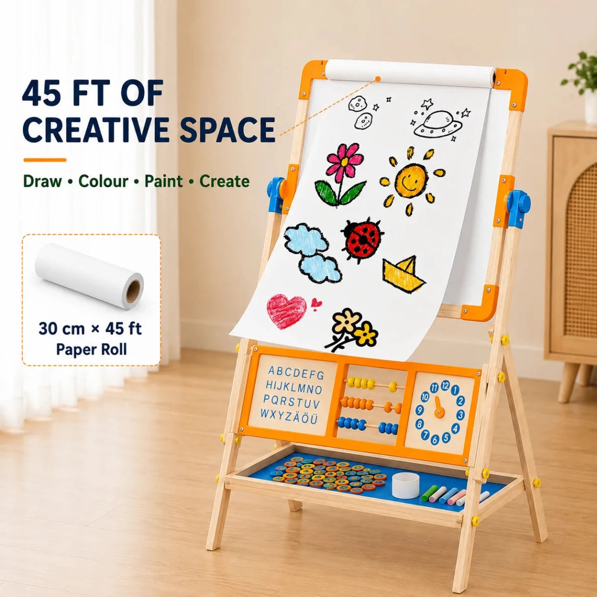 6-in-1 Wooden Tabletop Easel for Kids | Magnetic Whiteboard, Chalkboard, Paper Roll, Abacus & Learning Clock - NESTA TOYS