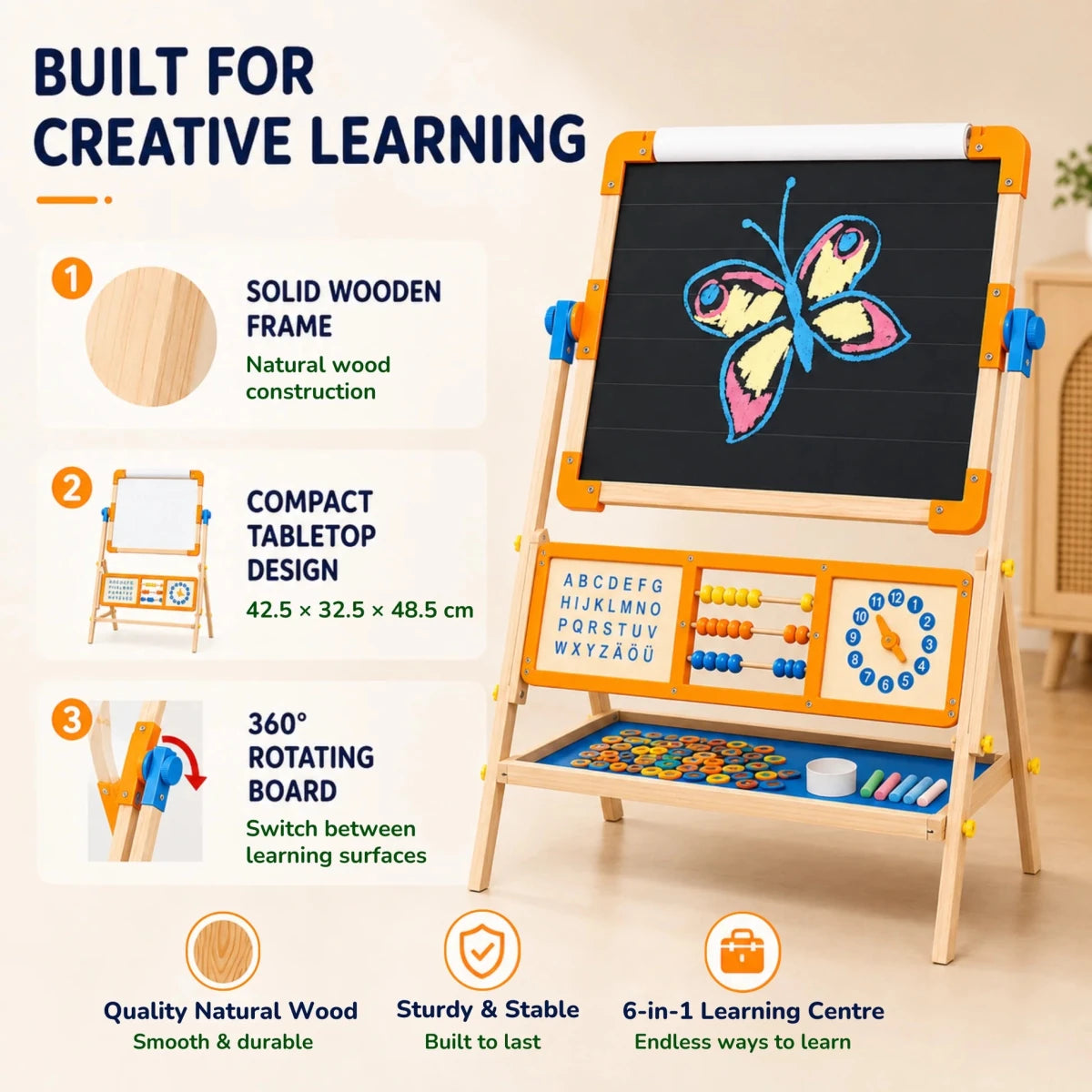 6-in-1 Wooden Tabletop Easel for Kids | Magnetic Whiteboard, Chalkboard, Paper Roll, Abacus & Learning Clock - NESTA TOYS