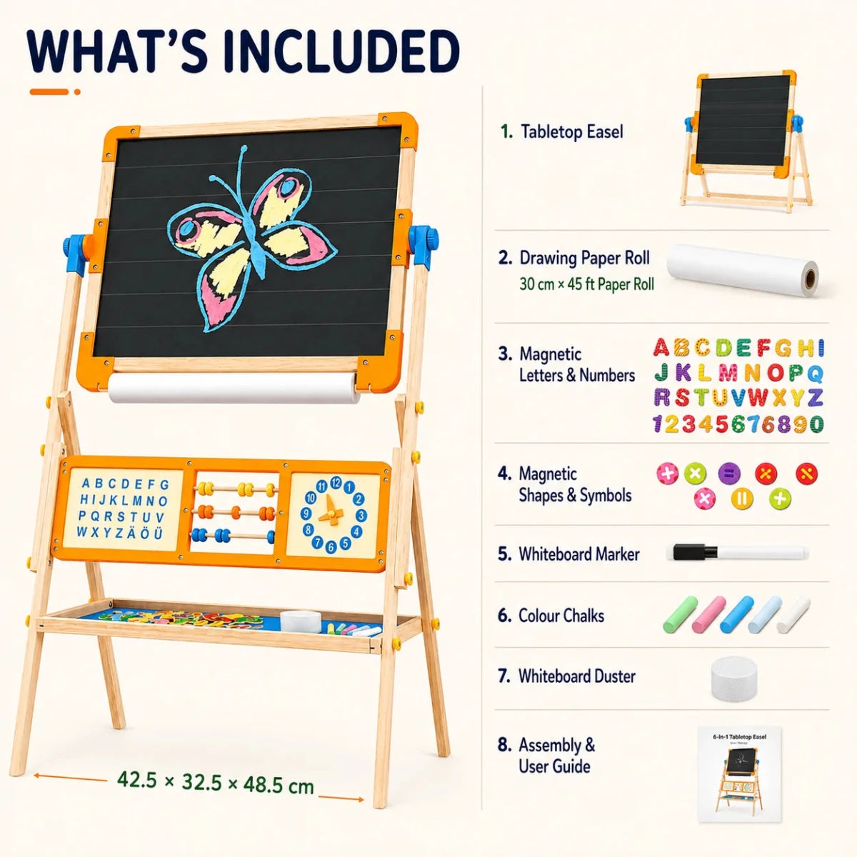 6-in-1 Wooden Tabletop Easel for Kids | Magnetic Whiteboard, Chalkboard, Paper Roll, Abacus & Learning Clock - NESTA TOYS