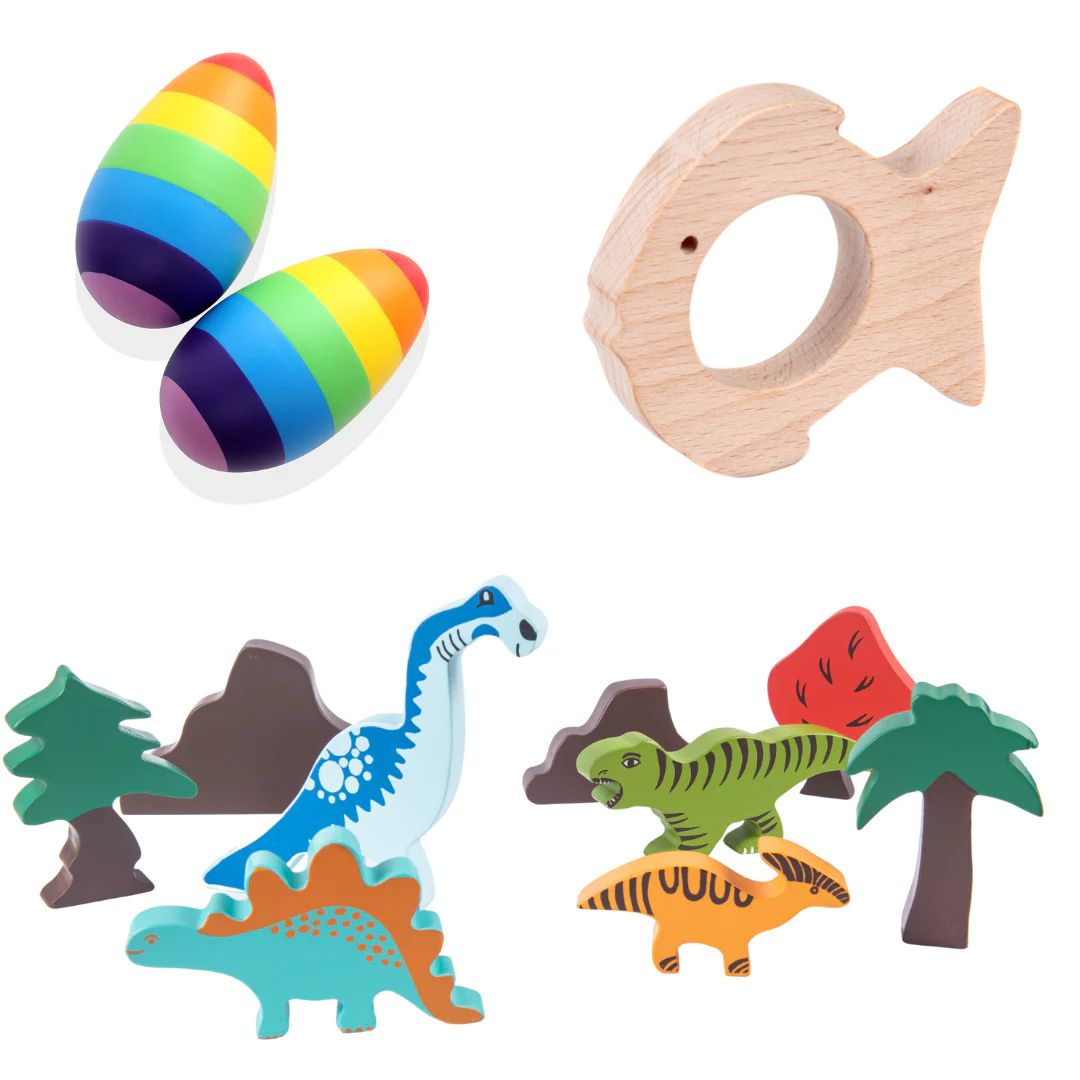 Wooden Dinosaur Blocks, Egg Shaker Rattle & Teether (6+ Months) - nestatoys