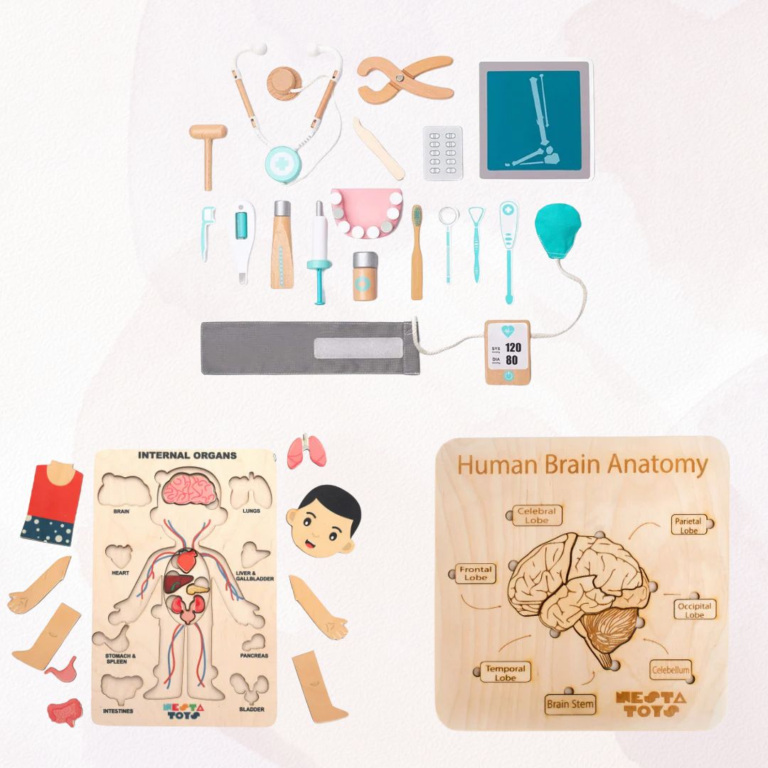 Wooden Doctor Set Toy - Pretend Play Toys & Puzzles Combo