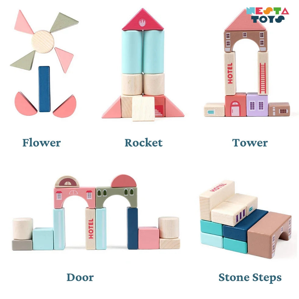 NESTA TOYS - 115 Pieces Wooden City Building Blocks | Stacking Educational Toys