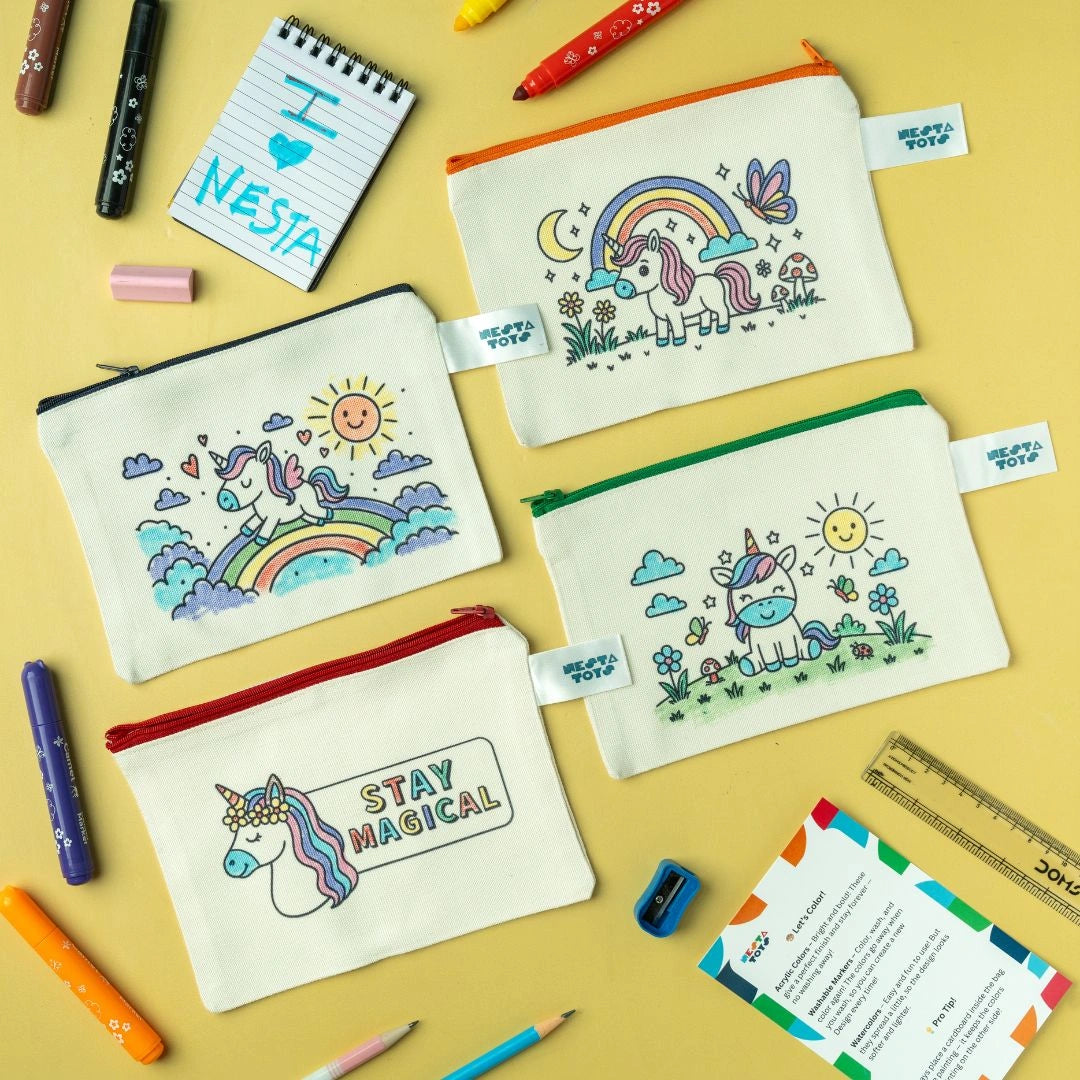 DIY Coloring Pouch for Kids | Unicorn Theme Cotton Pouch | Washable Markers | NESTA TOYS