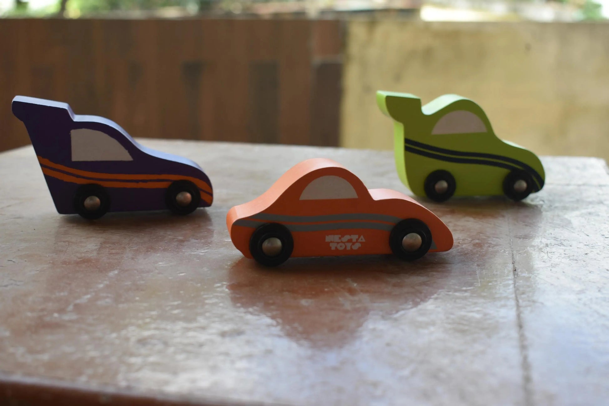 Wooden Car (3 Pcs) - Green, Orange, Purple