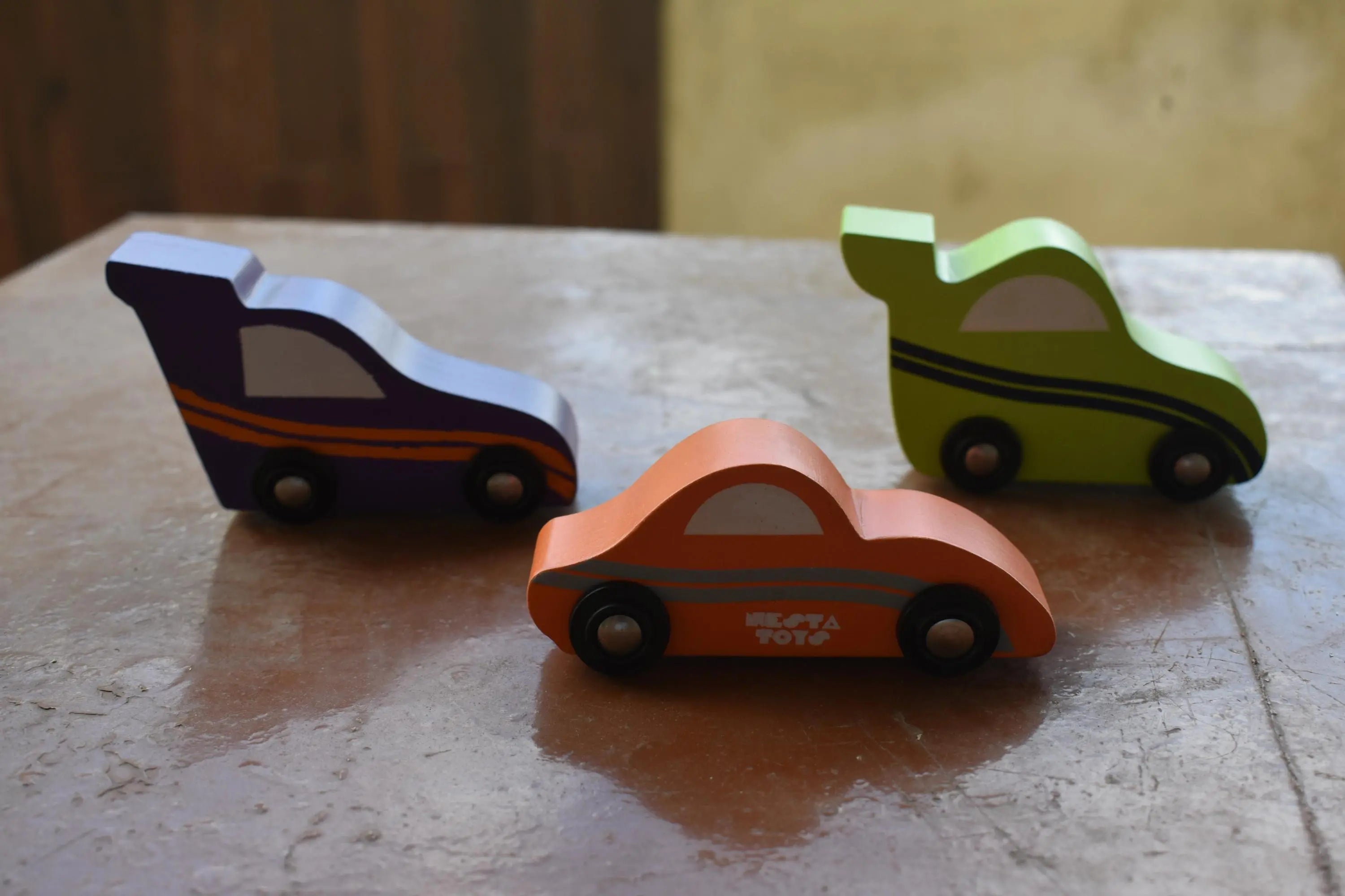 Wooden Car (3 Pcs) - Green, Orange, Purple
