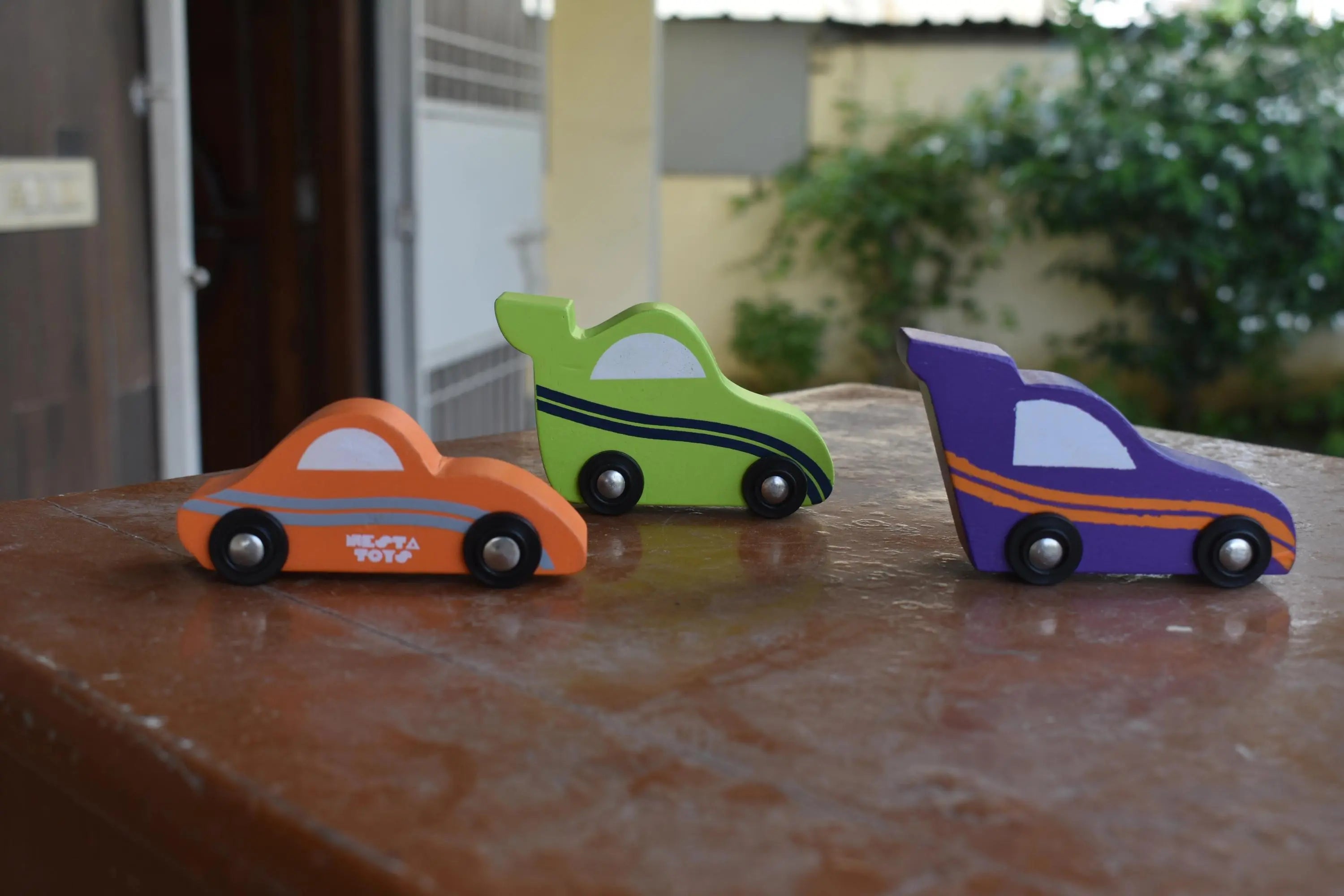 Wooden Car (3 Pcs) - Green, Orange, Purple