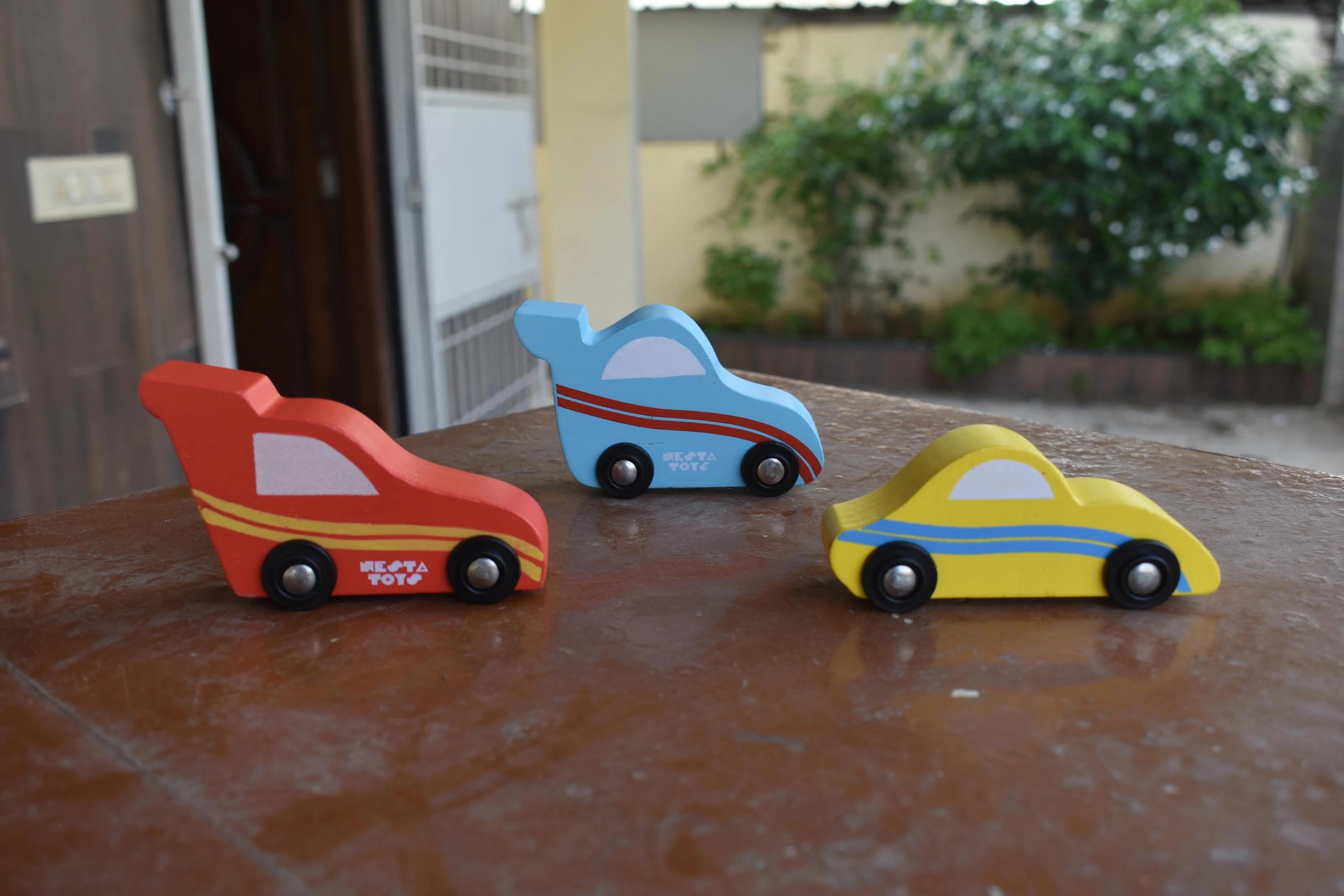 Wooden Car (3 Pcs) - Sky Blue, Yellow, Red