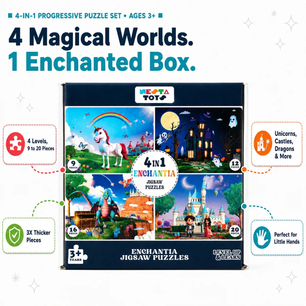 Enchantia - 4 in 1 Level Up & Learn Jigsaw Puzzle (9 Pcs - 20 Pcs) - NESTA TOYS
