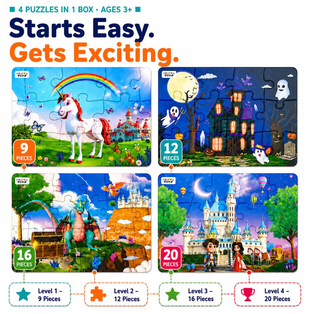 Enchantia - 4 in 1 Level Up & Learn Jigsaw Puzzle (9 Pcs - 20 Pcs) - Free Gift - NESTA TOYS
