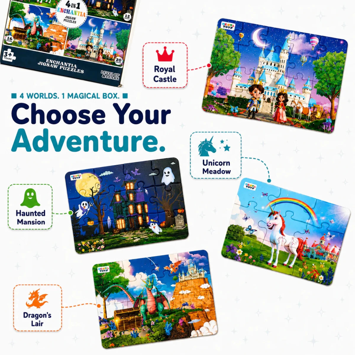 Enchantia - 4 in 1 Level Up & Learn Jigsaw Puzzle (9 Pcs - 20 Pcs) - Free Gift - NESTA TOYS