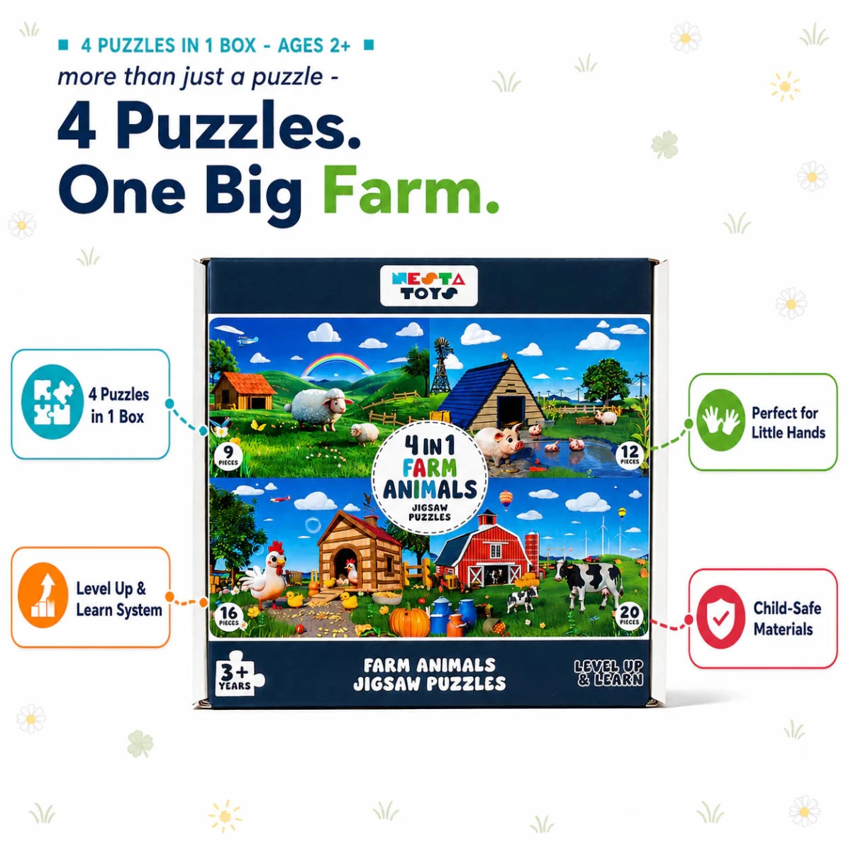 Farm Animals - 4 in 1 Level Up & Learn Jigsaw Puzzle (9 Pcs - 20 Pcs) - NESTA TOYS