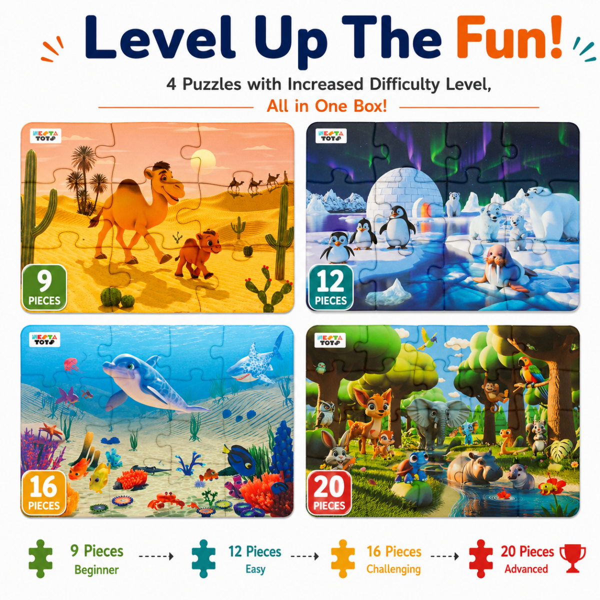 Habitat - 4 in 1 Level Up & Learn Jigsaw Puzzle (9 Pcs - 20 Pcs)- Free Gift - NESTA TOYS