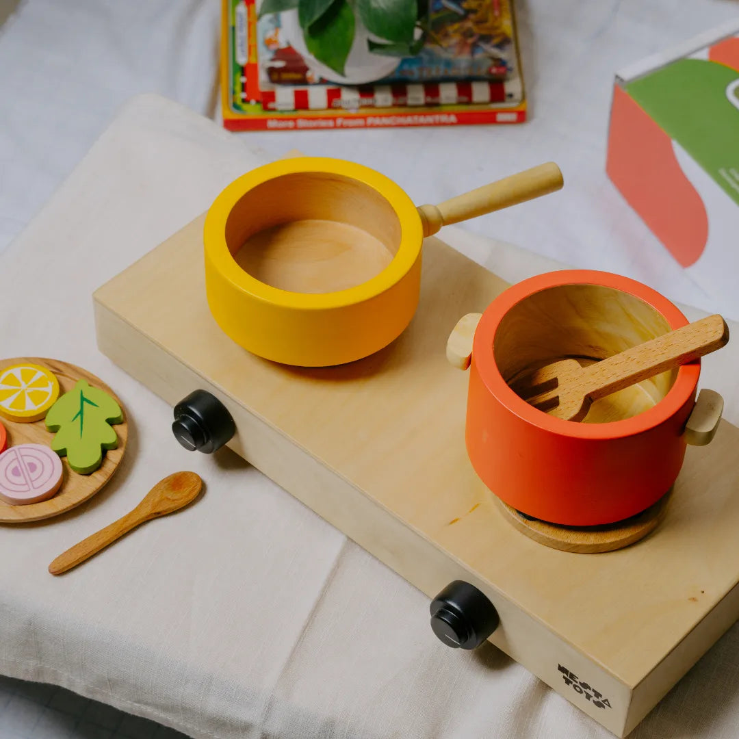 Wooden Gas Stove and Cooking Set Toy (10 Pcs) - nestatoys