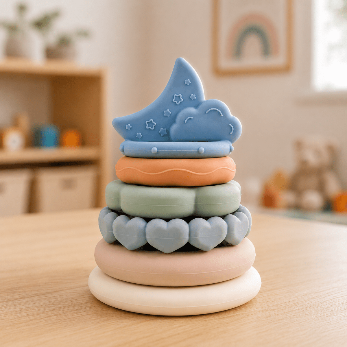 Silicone Baby Stacking Rings with Moon & Cloud | BPA-Free Montessori Teething Toy for Babies 6+ Months | Soft Sensory Stacker for Fine Motor Skills, Hand-Eye Coordination & Learning - NESTA TOYS