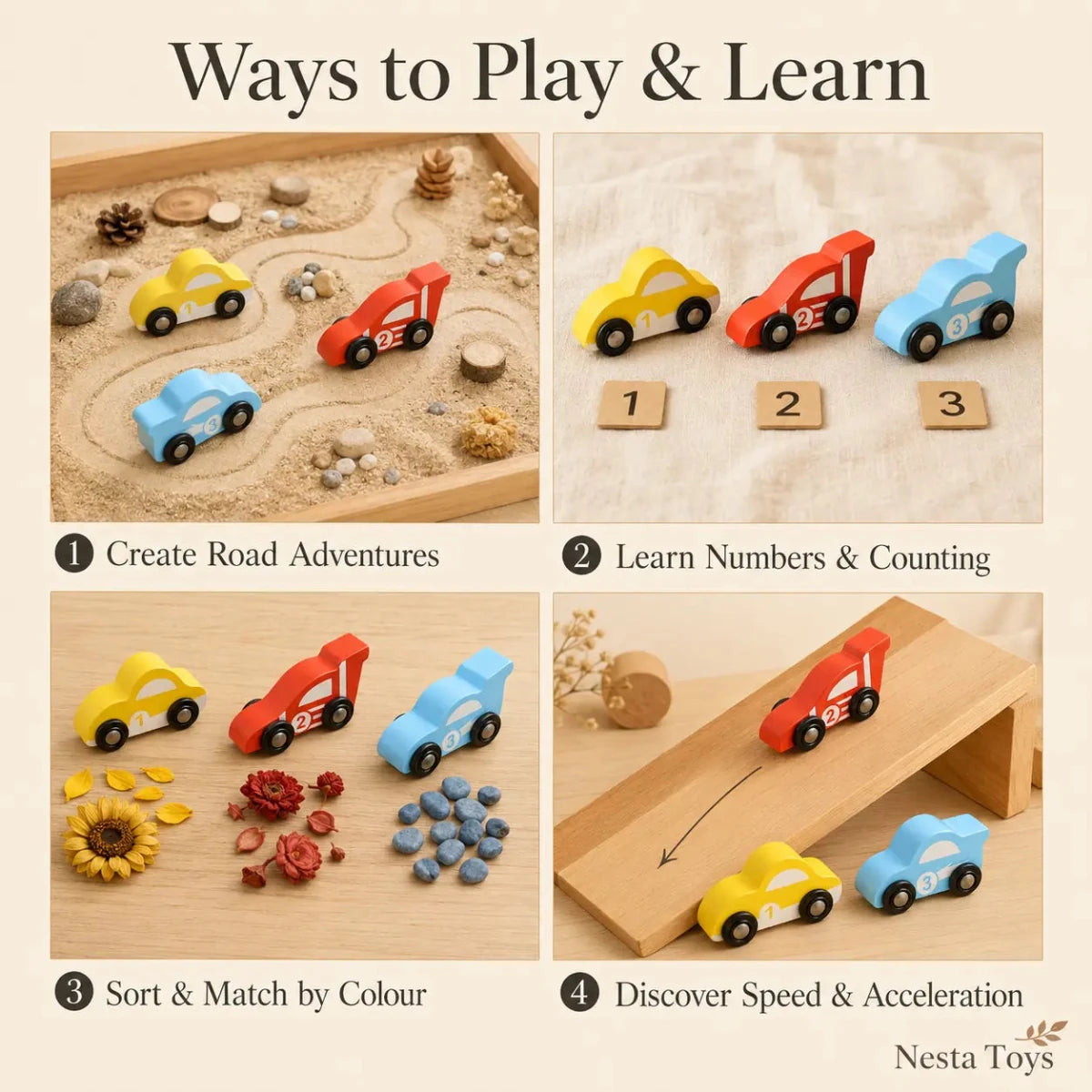 Wooden Car (3 Pcs) - Sky Blue, Yellow, Red - NESTA TOYS
