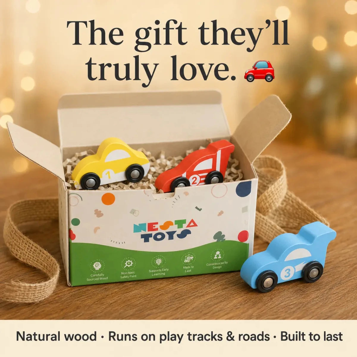 Wooden Car (3 Pcs) - Sky Blue, Yellow, Red - NESTA TOYS