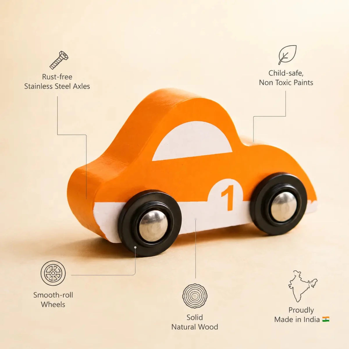 Wooden Car (3 Pcs) - Green, Orange, Purple - NESTA TOYS