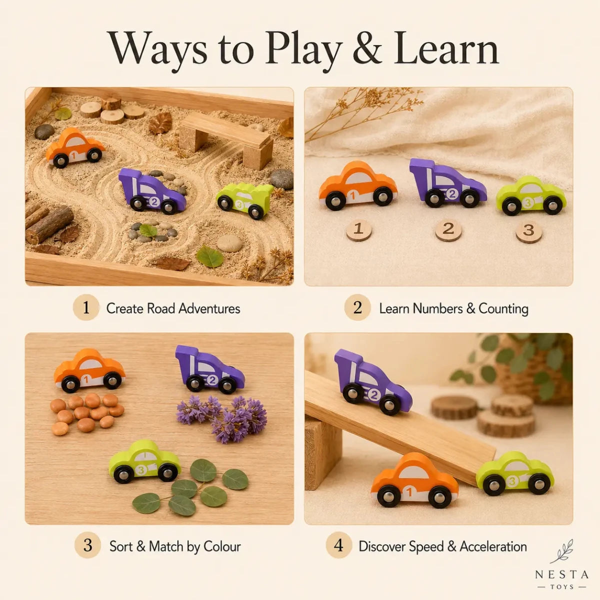 Wooden Car (3 Pcs) - Green, Orange, Purple - NESTA TOYS