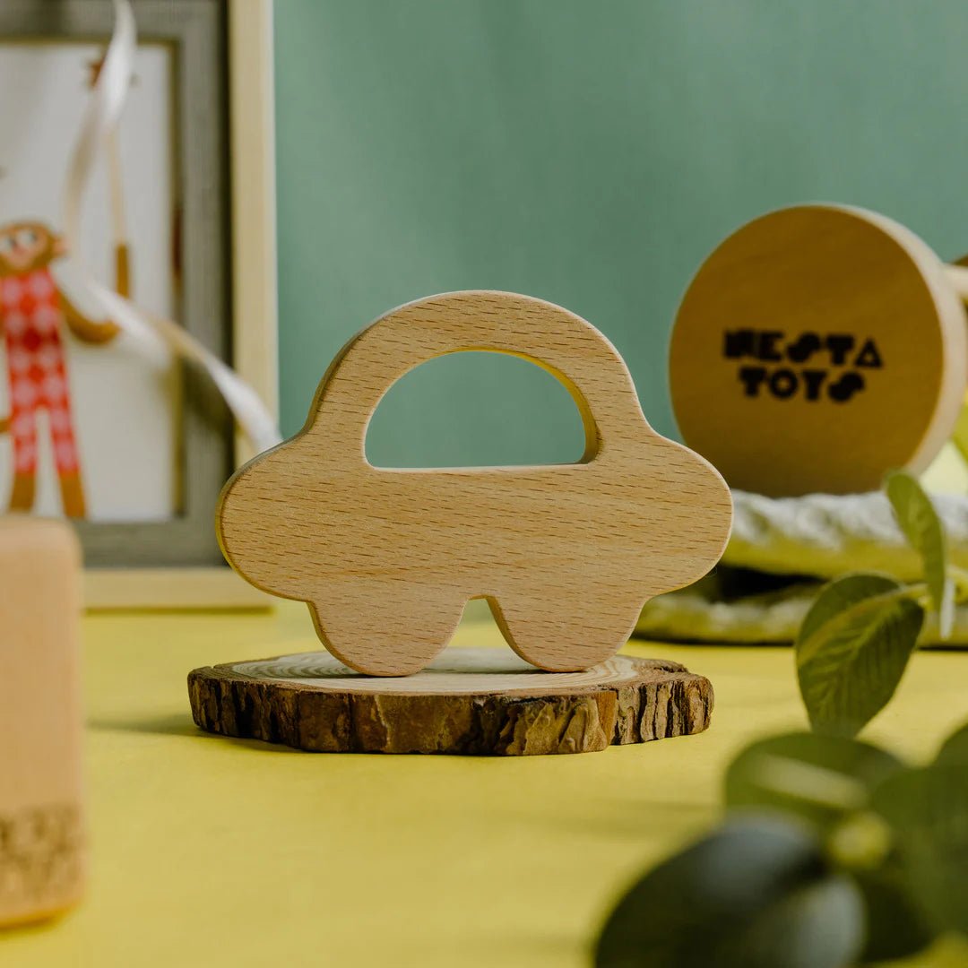 Wooden Car & Elephant Teether Set | Beech Wood Teether - NESTA TOYS