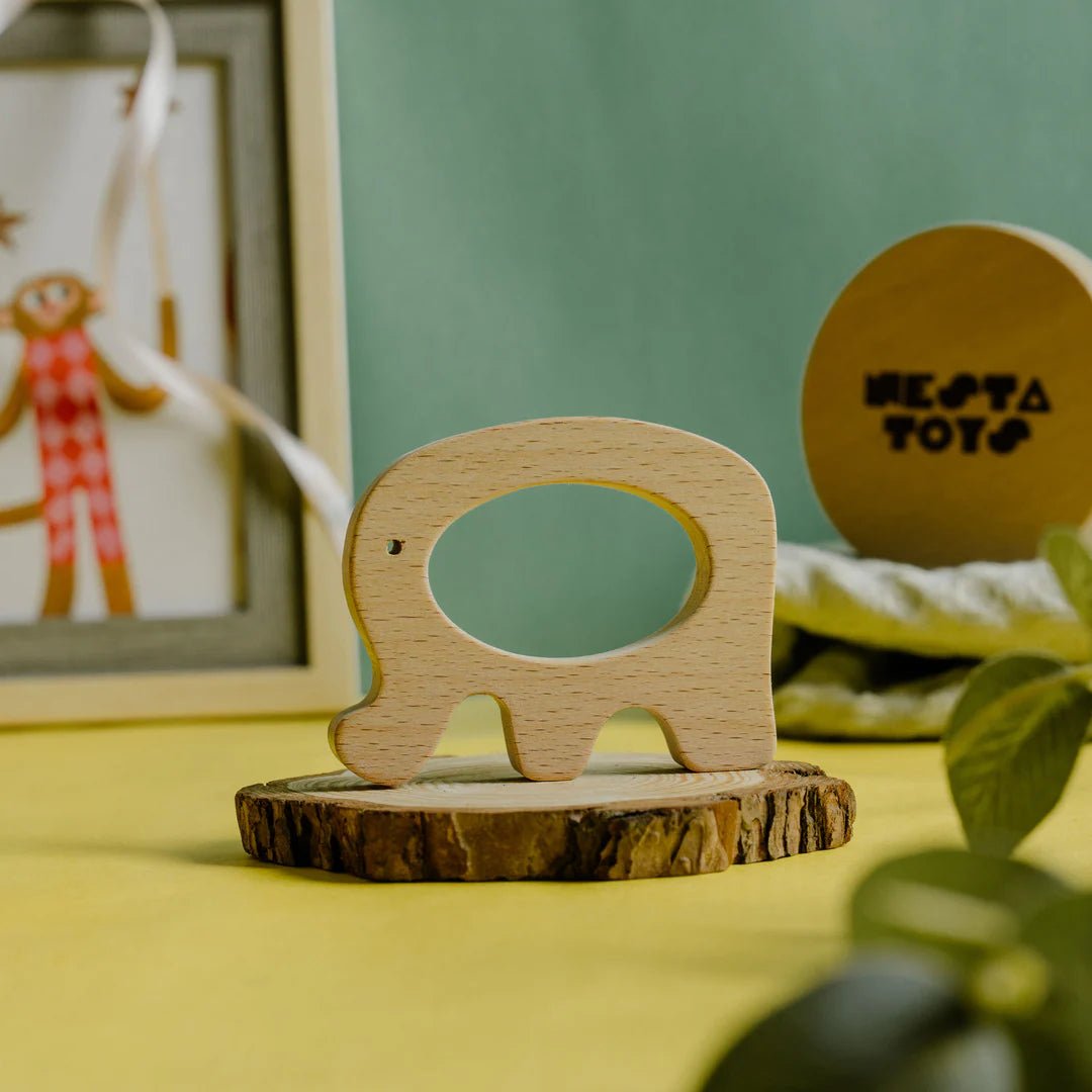 Wooden Car & Elephant Teether Set | Beech Wood Teether - NESTA TOYS