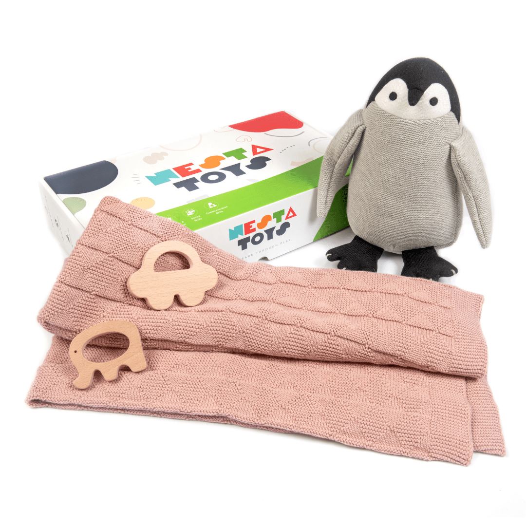 Newborn Gift Set – Swaddle, Penguin Plush Toy & Wooden Teethers - NESTA TOYS