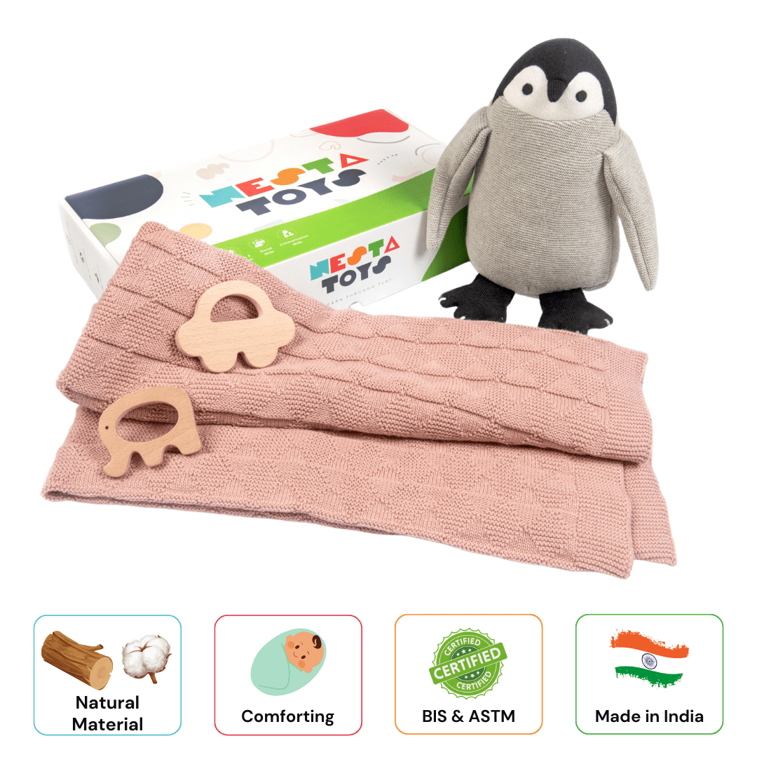 Newborn Gift Set – Swaddle, Penguin Plush Toy & Wooden Teethers - NESTA TOYS