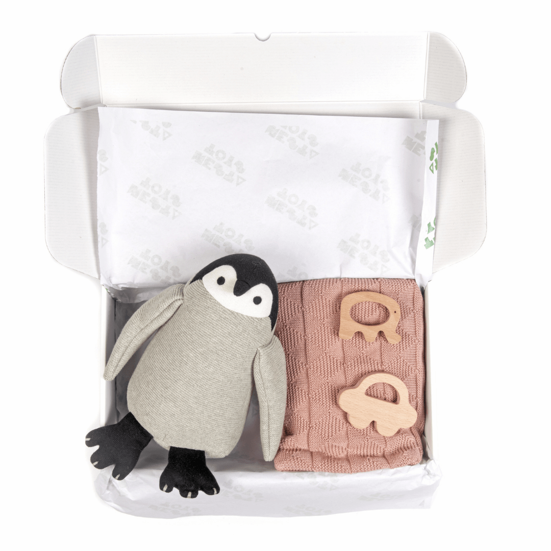 Newborn Gift Set – Swaddle, Penguin Plush Toy & Wooden Teethers - NESTA TOYS