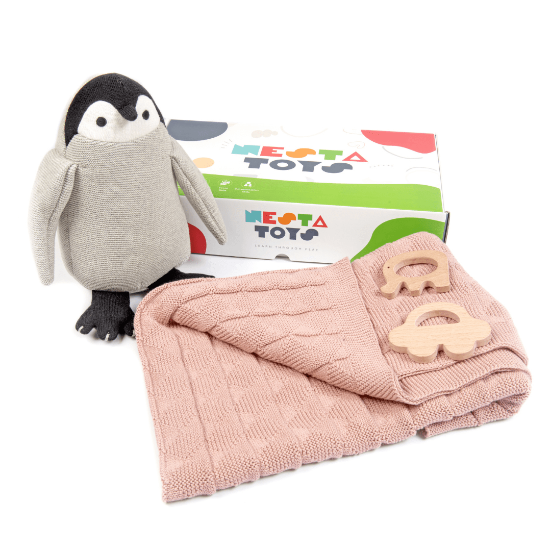 Newborn Gift Set – Swaddle, Penguin Plush Toy & Wooden Teethers - NESTA TOYS