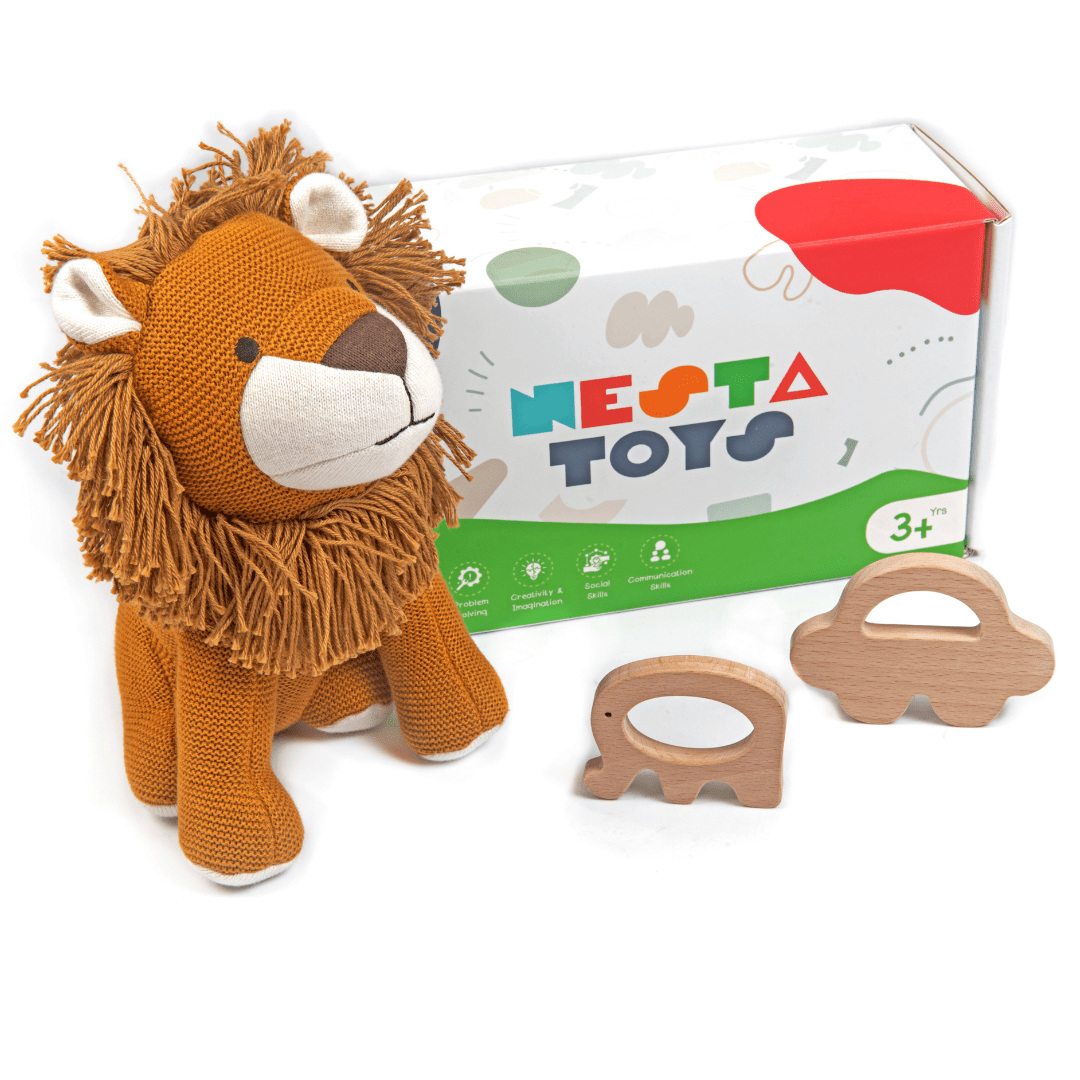 Newborn Gift Set - Lion Plush Toy, Wooden Elephant & Car Teether - NESTA TOYS