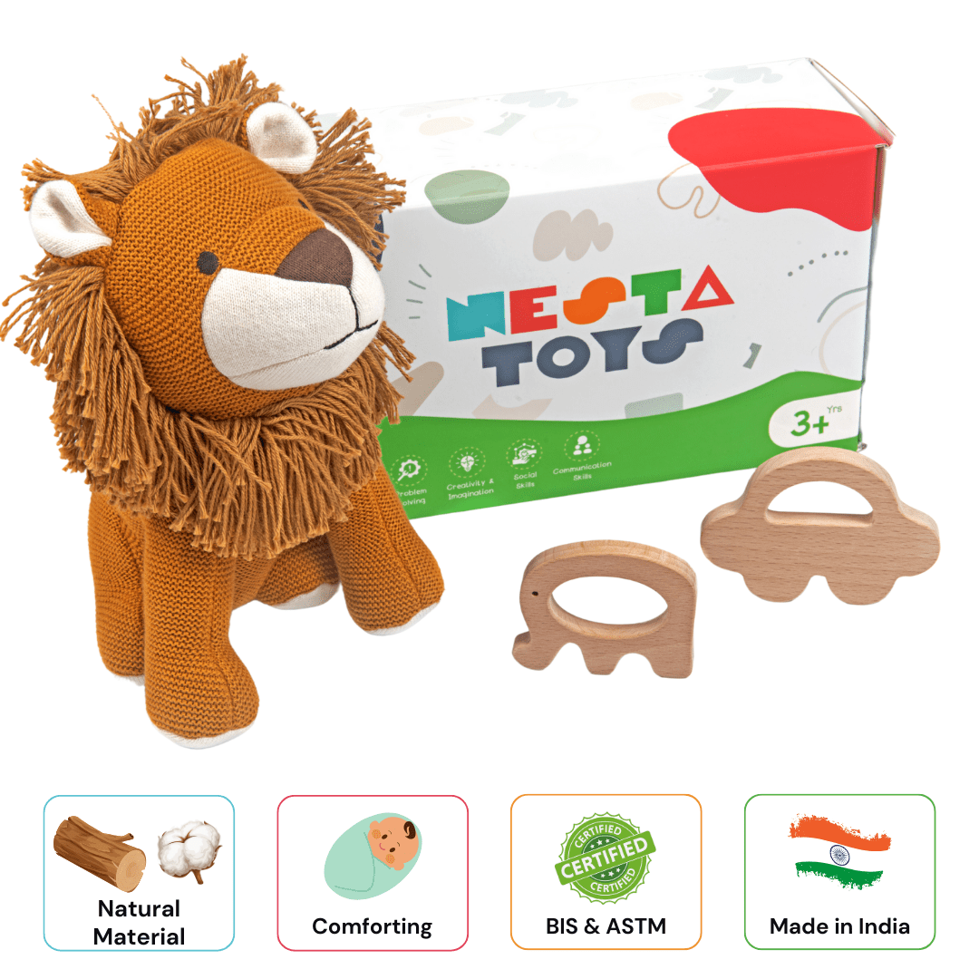 Newborn Gift Set - Lion Plush Toy, Wooden Elephant & Car Teether - NESTA TOYS