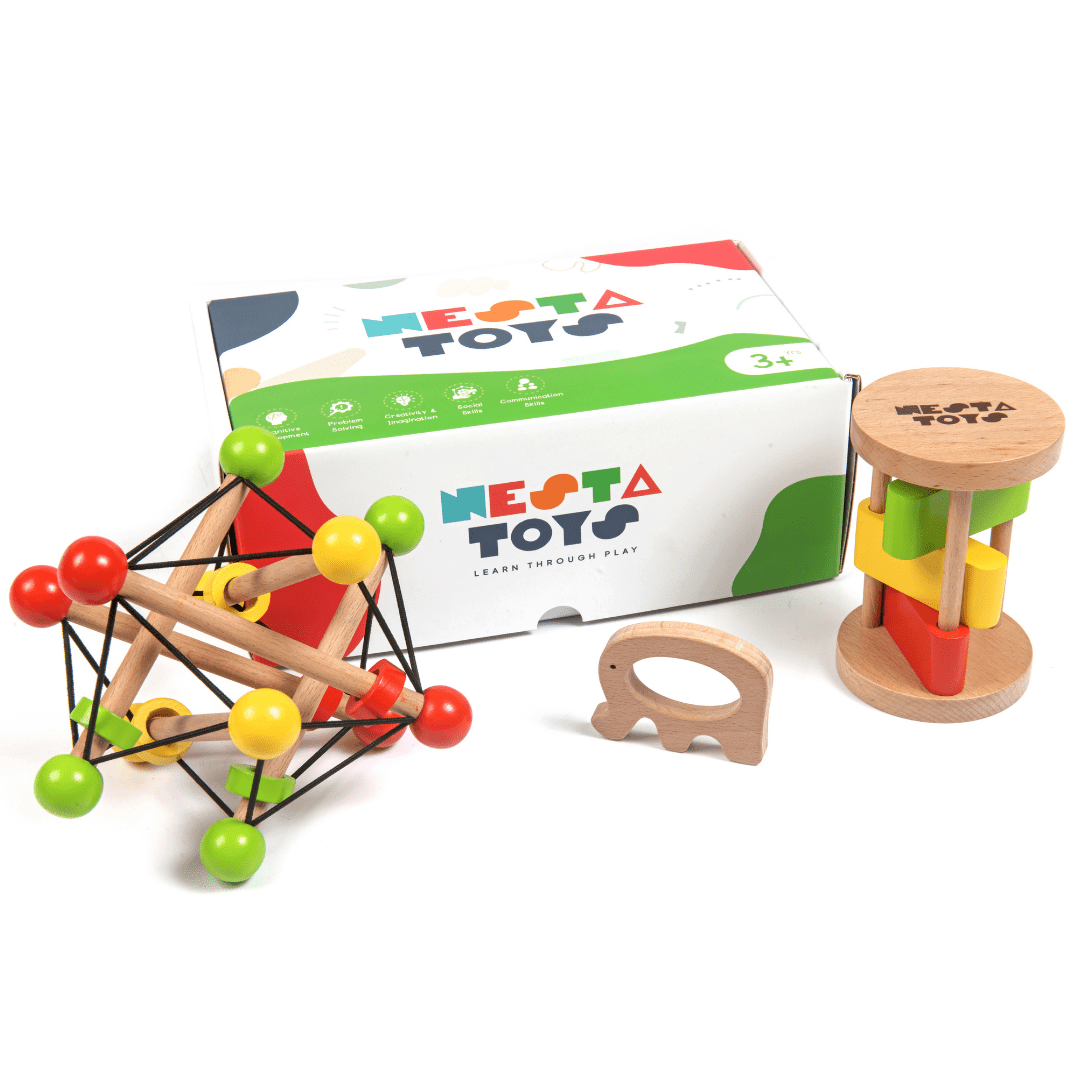 Newborn Gift Set – Wooden Skwish Rattle, Clacker Rattle & Elephant Teether - NESTA TOYS